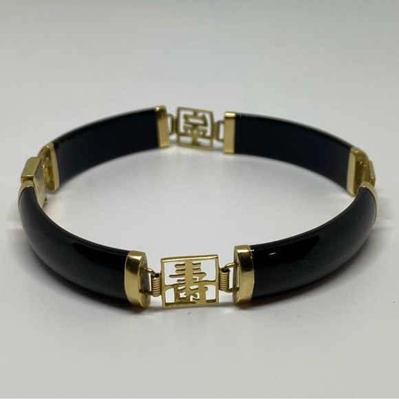 14K Bracelet REAL Yellow Solid Gold& Onyx Lucky 🍀 LInk Bangle New Size: 7”